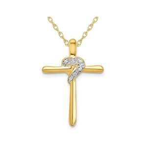 14K Yellow Gold Heart Cross Pendant Necklace with Chain and Diamond Accent